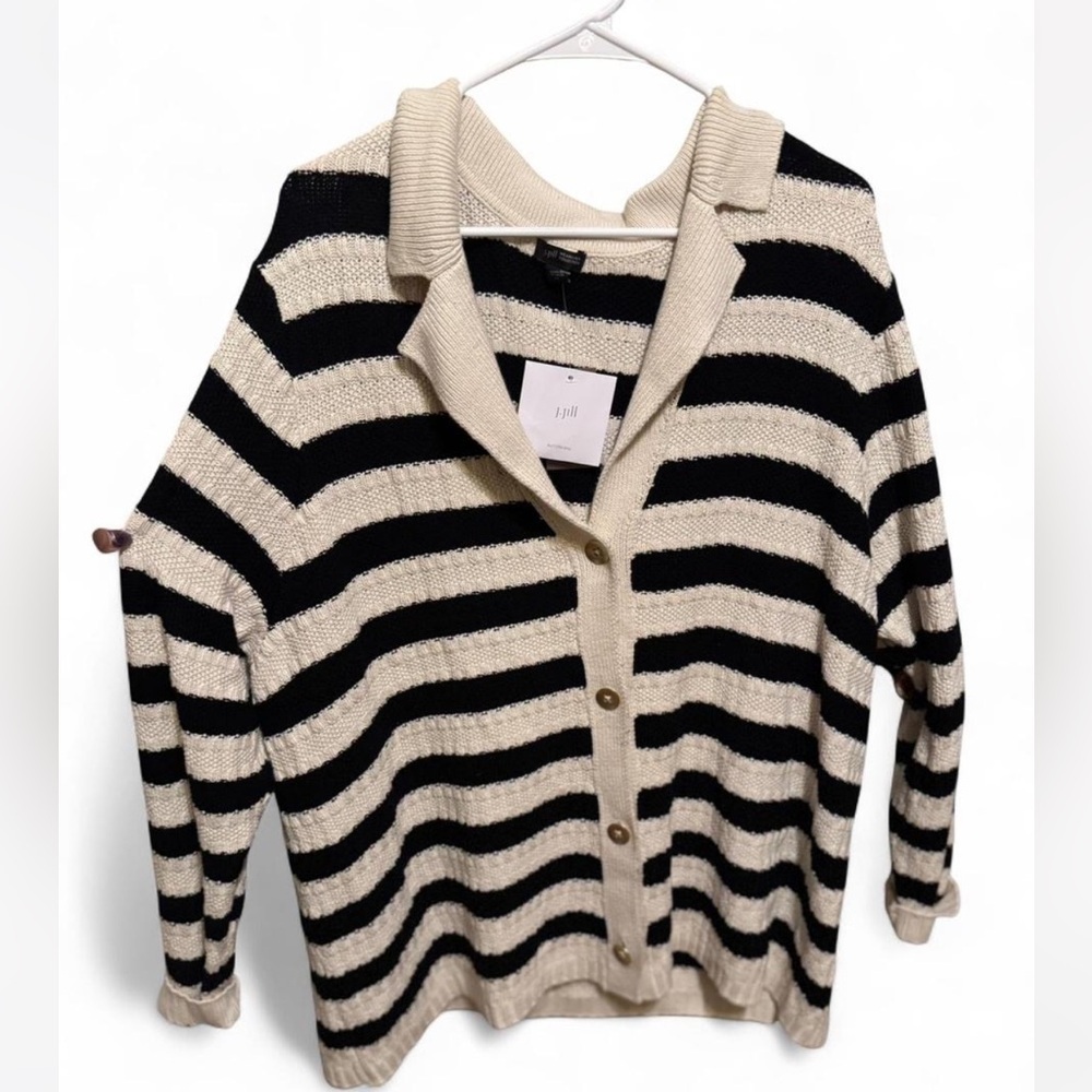 J. Jill Women's Black and Cream Striped Cardigan button front 2xL